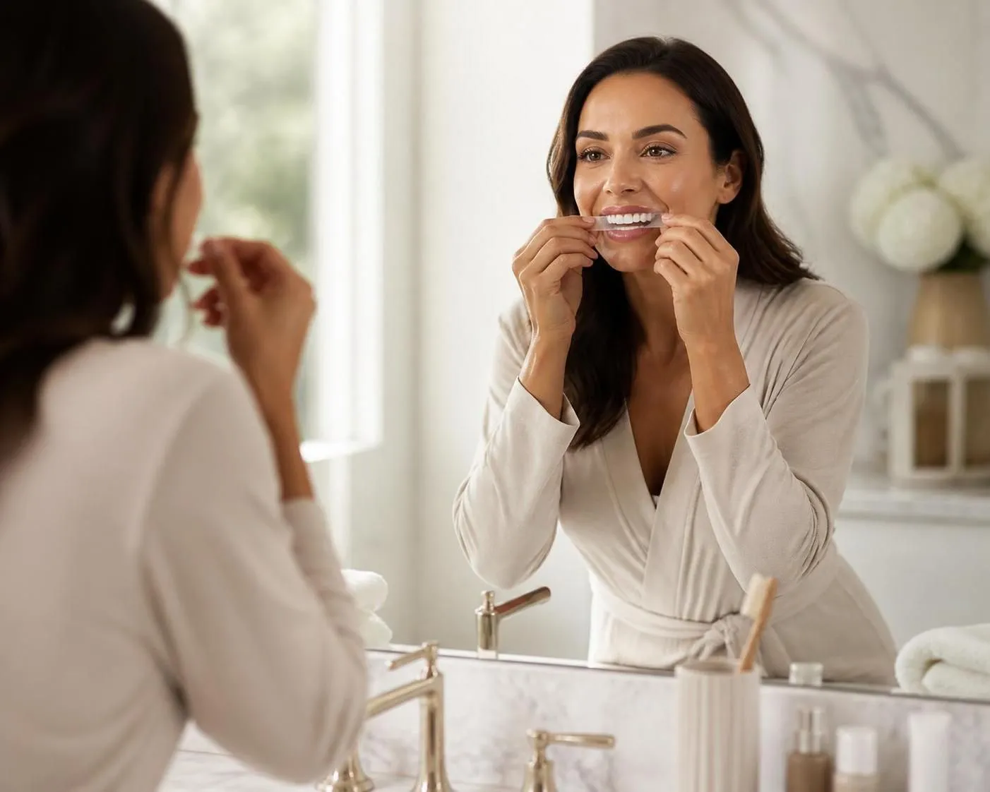 Whitening strips on teeth with toothbrush