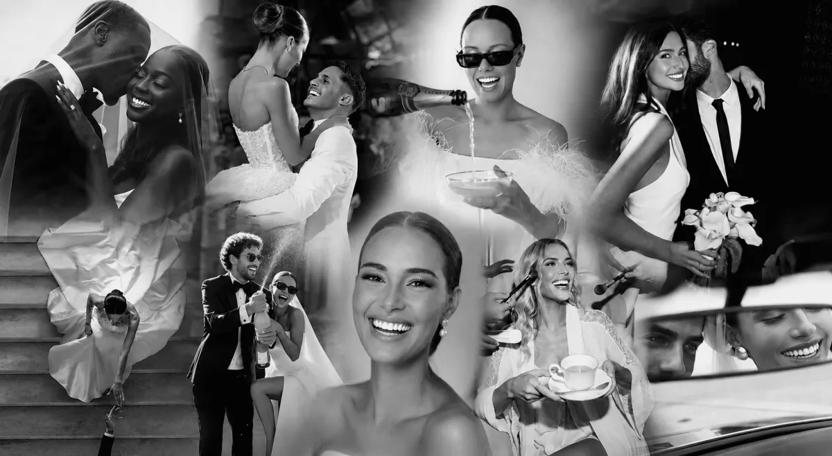 Wedding celebration — brides, grooms, and guests celebrating with bright smiles